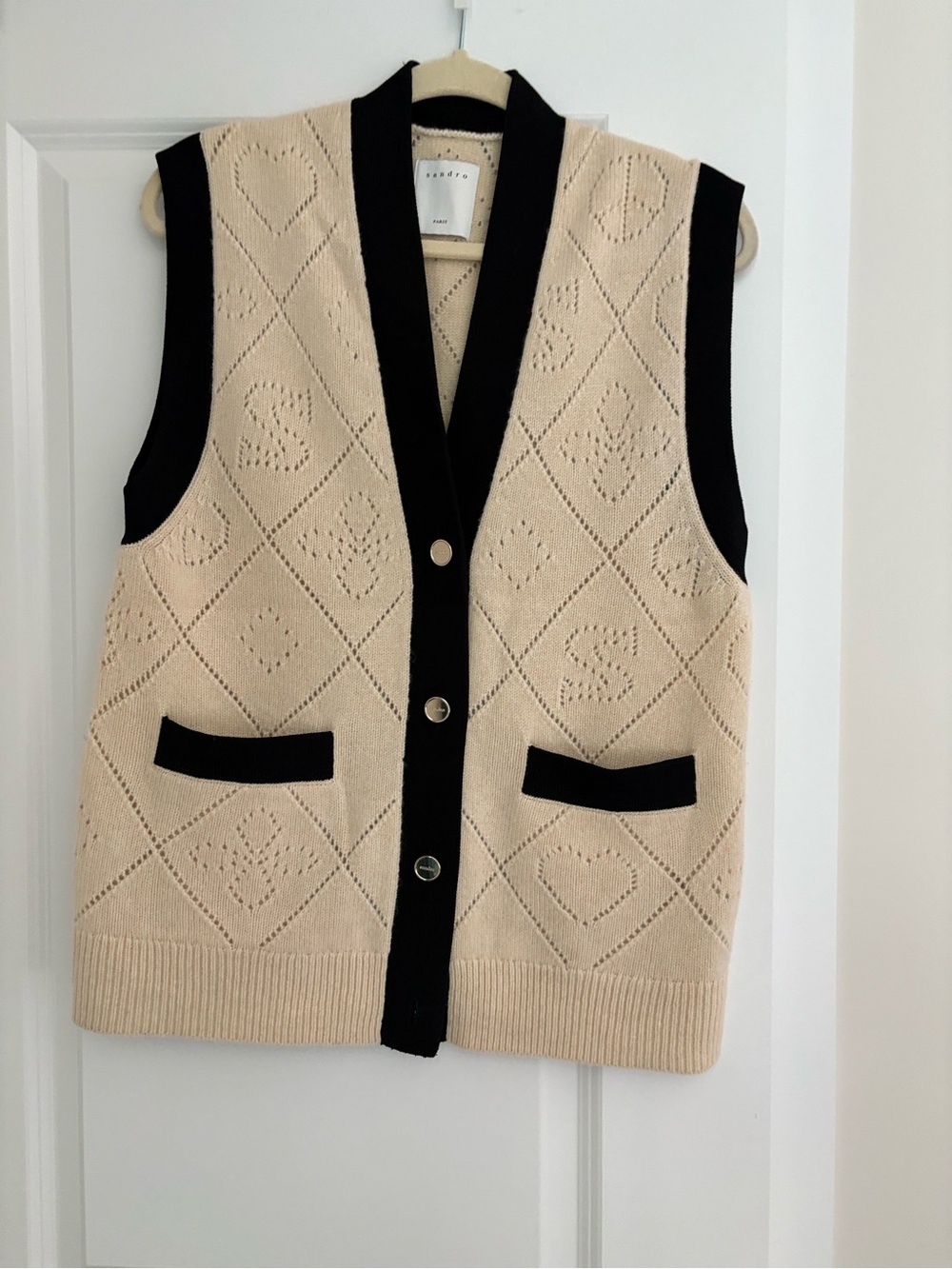 Sandro Cream Knit Sleeveless Vest with Black Trim